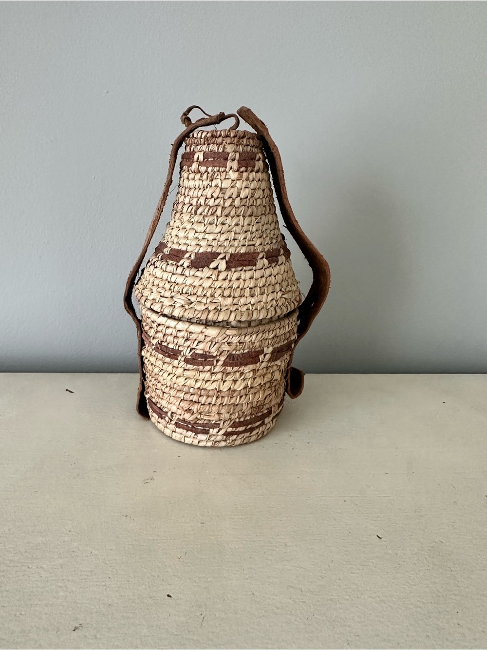 Antique Egyptian handmade leather basket with lid Africa African vintage